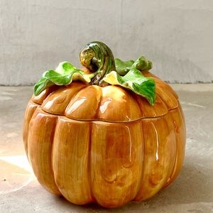 Vintage Fitz and Floyd Pumpkin Candy Dish w/ Lid 16oz 1990s